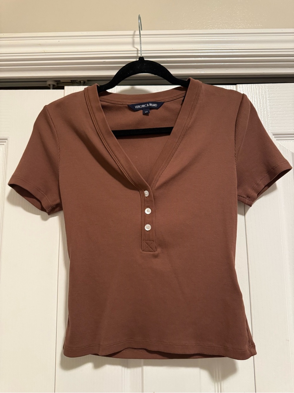 Veronica Beard Rust Brown Ribbed Short-Sleeve Henley Top